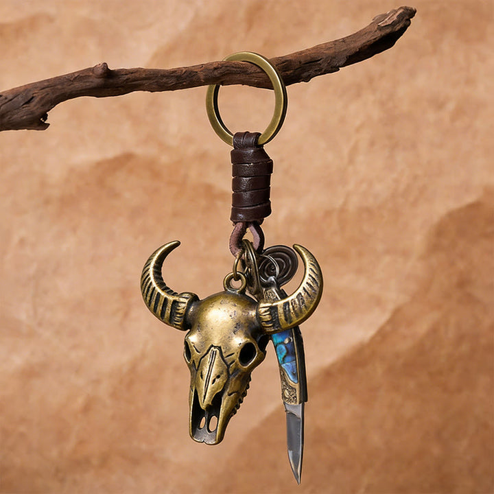 Porte-clés couteau pliant rétro avec pendentif tête de taureau et texture coquillage - image 3