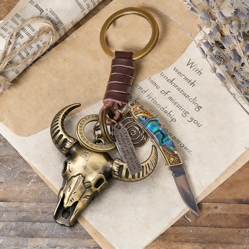 Porte-clés couteau pliant rétro avec pendentif tête de taureau et texture coquillage - Tête de taureau - image 0