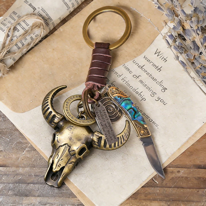 Porte-clés couteau pliant rétro avec pendentif tête de taureau et texture coquillage - Tête de taureau - image 0