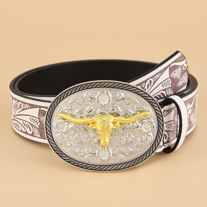 Ceinture en cuir pour homme avec emblème rétro tête de taureau - Blanc - 38 - image 0
