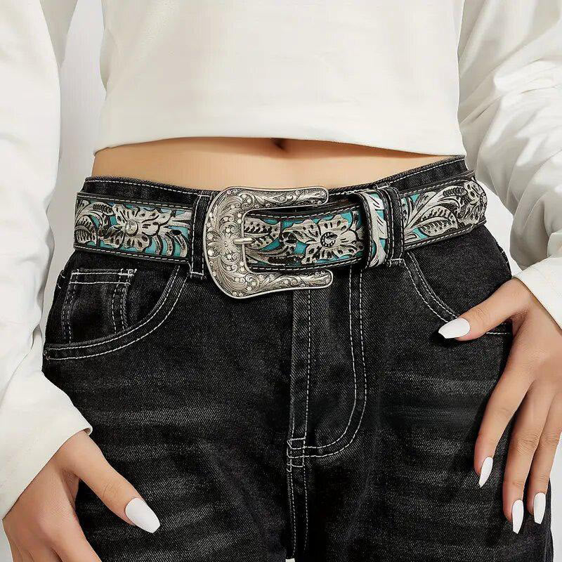 Ceinture en cuir pour femme, style rétro, ornée d'une boucle en cristal turquoise sculpté. - image 1
