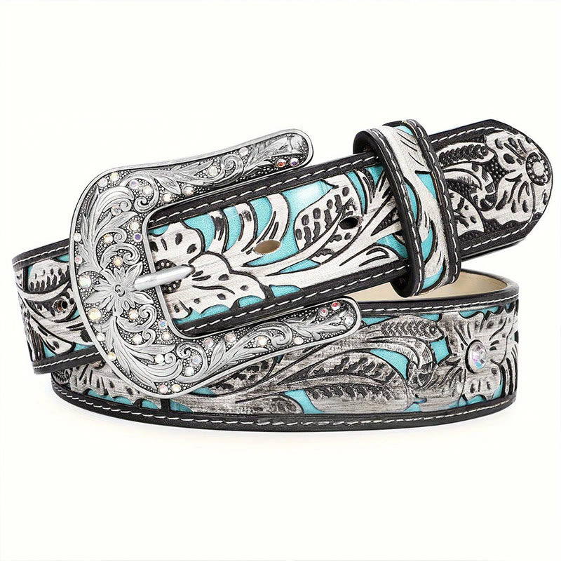 Ceinture en cuir pour femme, style rétro, ornée d'une boucle en cristal turquoise sculpté. - image 2
