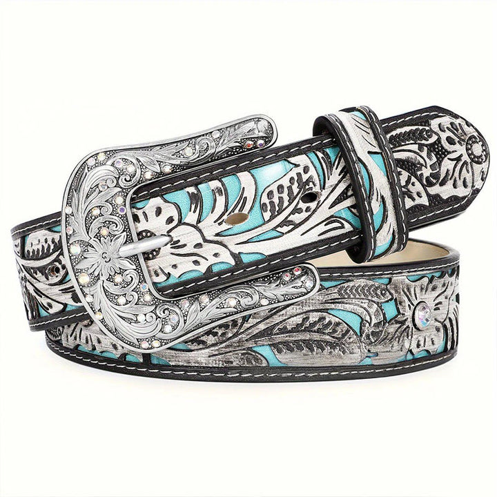 Ceinture en cuir pour femme, style rétro, ornée d'une boucle en cristal turquoise sculpté. - image 2