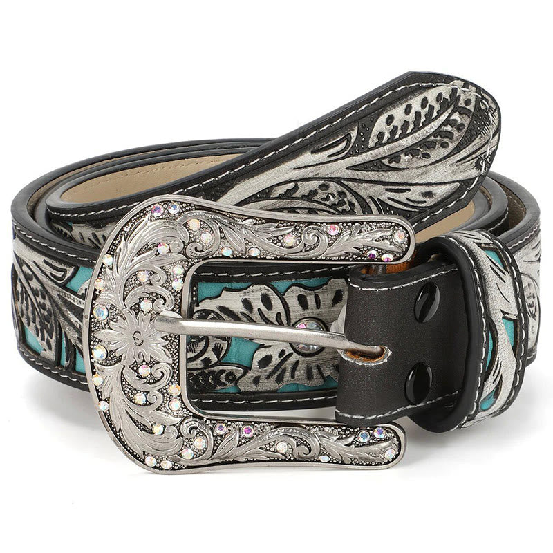 Ceinture en cuir pour femme, style rétro, ornée d'une boucle en cristal turquoise sculpté. - Bleu - 44 - image 0