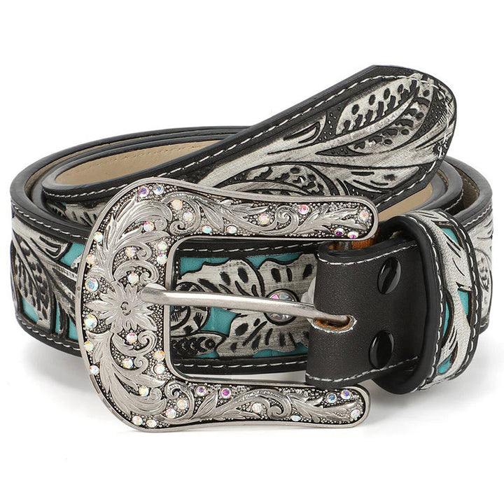 Ceinture en cuir pour femme, style rétro, ornée d'une boucle en cristal turquoise sculpté. - Bleu - 44 - image 0