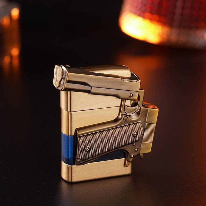 Briquet à butane style pistolet à texture métallique créative - Doré et bleu - image 3