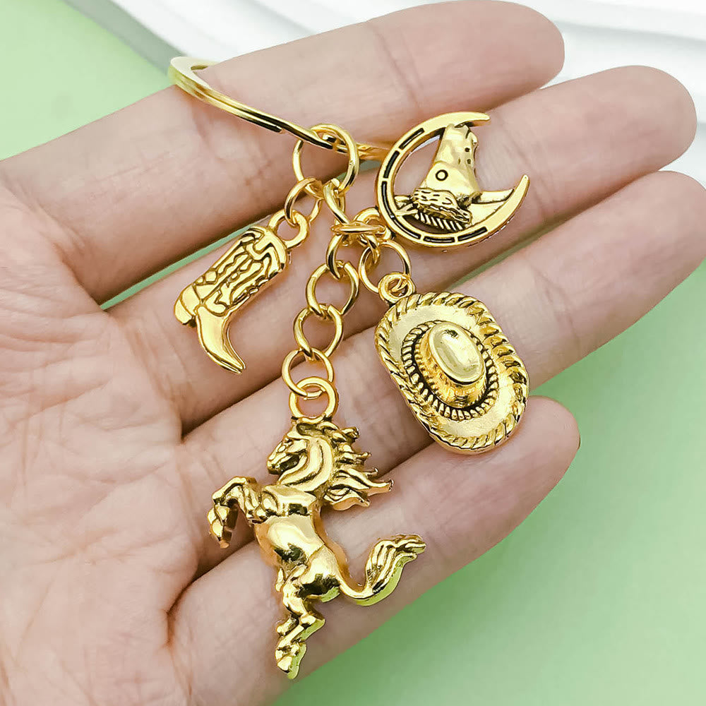 Porte-clés pendentif style western rétro avec motif cheval et cowboy - image 1