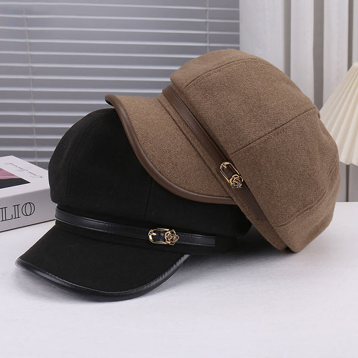 Béret rose en laine mélangée et cuir pour femme - image 6