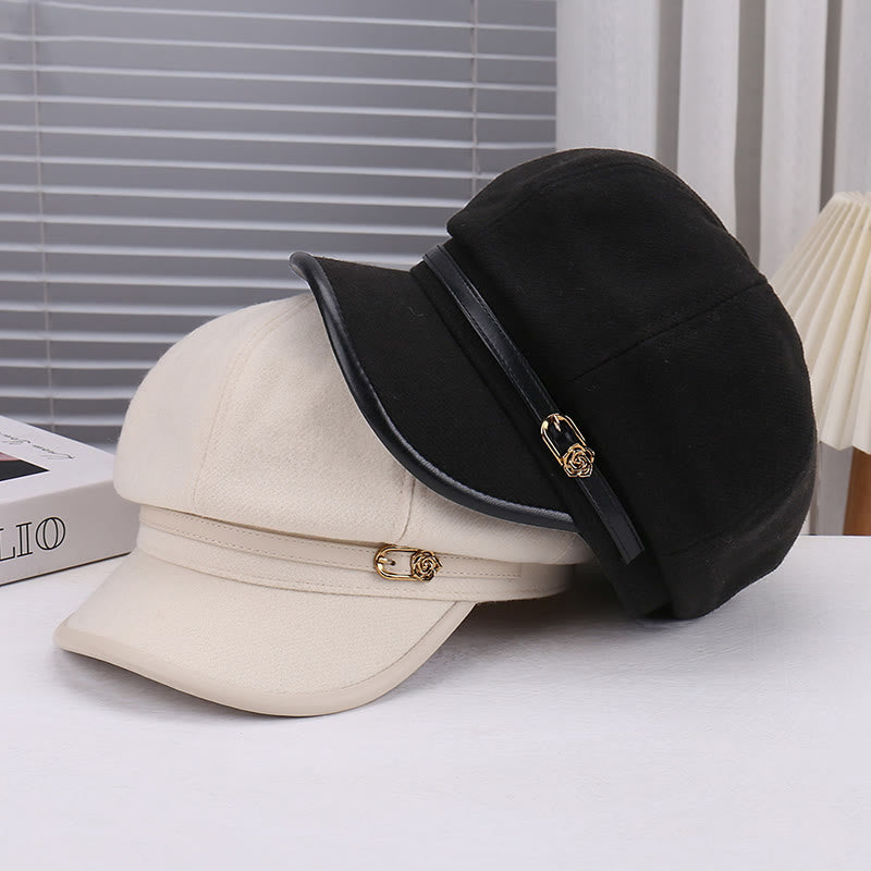 Béret rose en laine mélangée et cuir pour femme - image 5