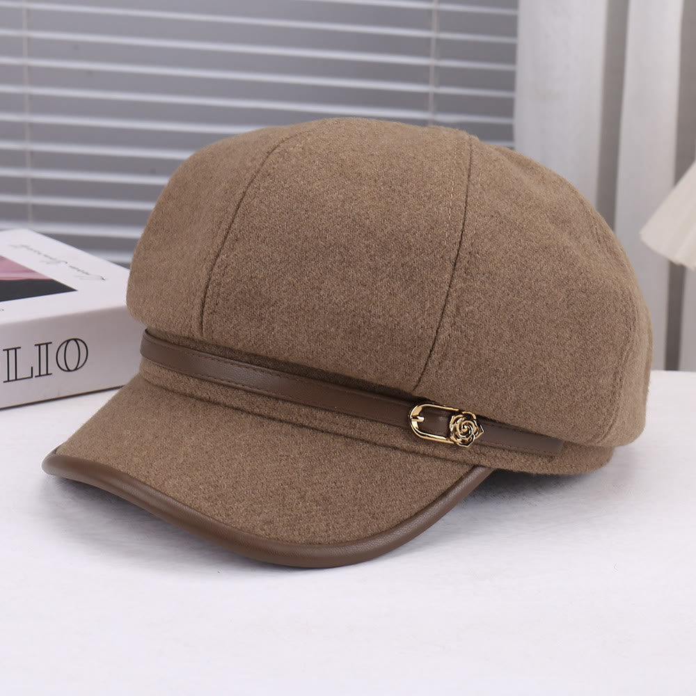 Béret rose en laine mélangée et cuir pour femme - Kaki - Réglable (22 - 22 7/8'') - image 0