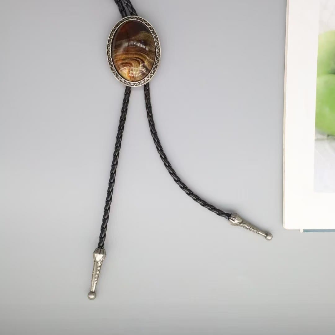 Cravate bolo rétro en métal et agate à grain de bois - Brun - image 0