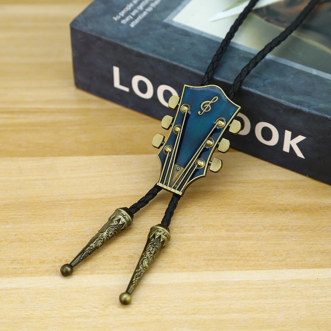 Cravate bolo rétro en forme de guitare avec cadre en métal - Bleu marine - image 0