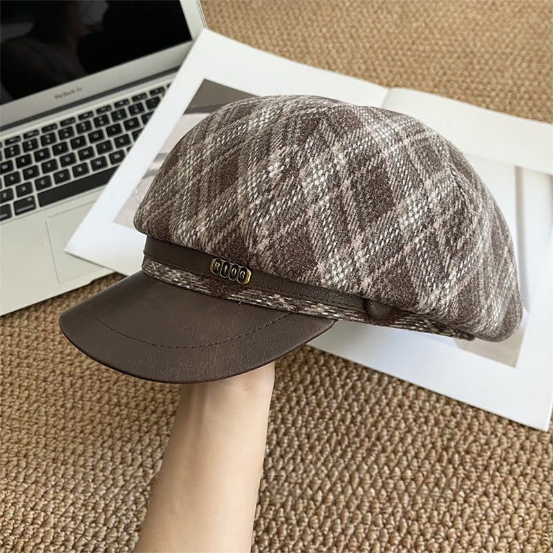 Béret à carreaux pour femme, bord en cuir - Blanc - Réglable (22 - 22 7/8'') - image 2