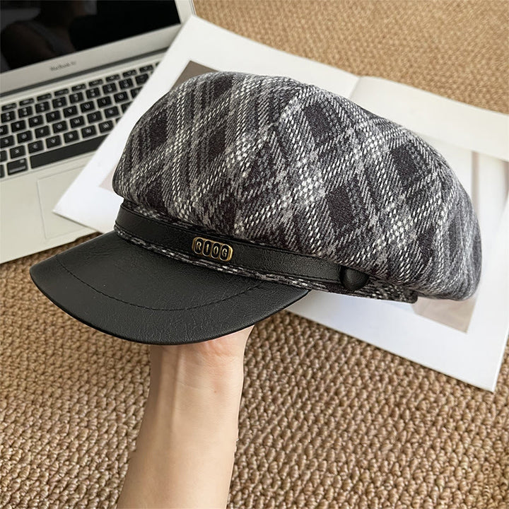 Béret à carreaux pour femme, bord en cuir - Noir - Réglable (22 - 22 7/8'') - image 4