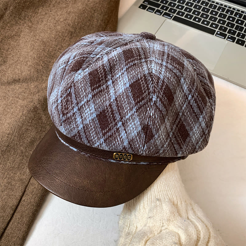 Béret à carreaux pour femme, bord en cuir - Bleu - Réglable (22 - 22 7/8'') - image 0