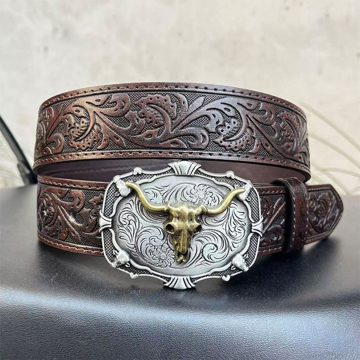 Ceinture en cuir pour homme avec emblème rétro de crâne de taureau sculpté - Café - 44 - image 1