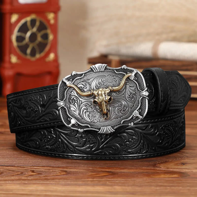 Ceinture en cuir pour homme avec emblème rétro de crâne de taureau sculpté - Noir - 44 - image 0