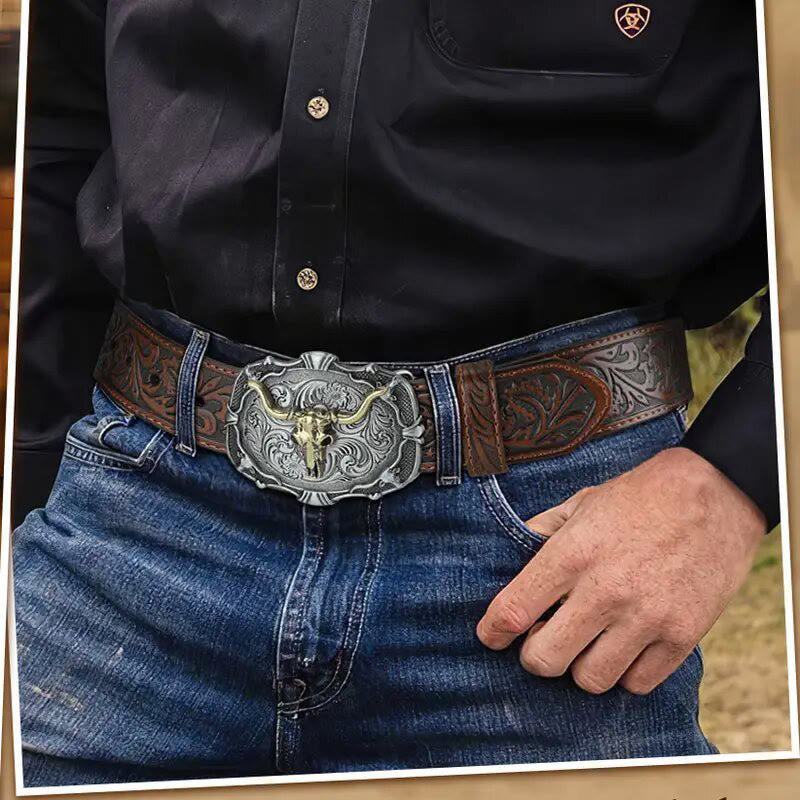 Ceinture en cuir pour homme avec emblème rétro de crâne de taureau sculpté - image 3