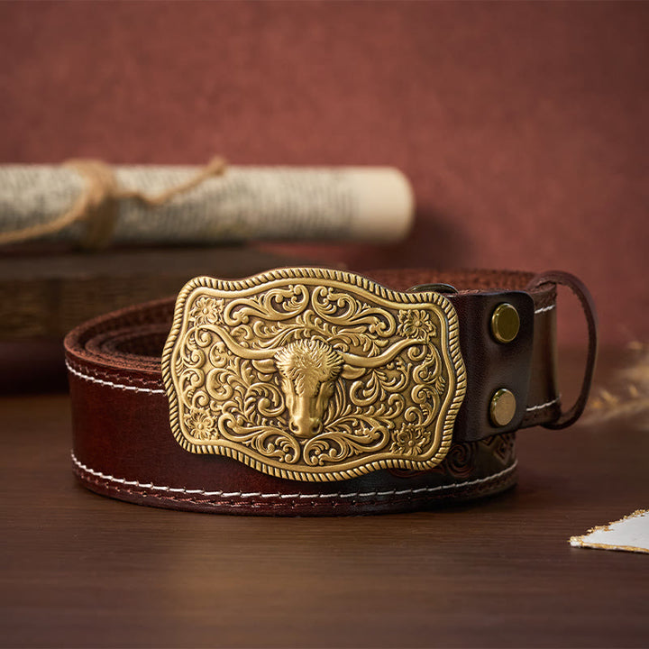 Ceinture en cuir gaufré style western pour homme avec boucle tête de taureau en cuivre - Café - 44 - image 4