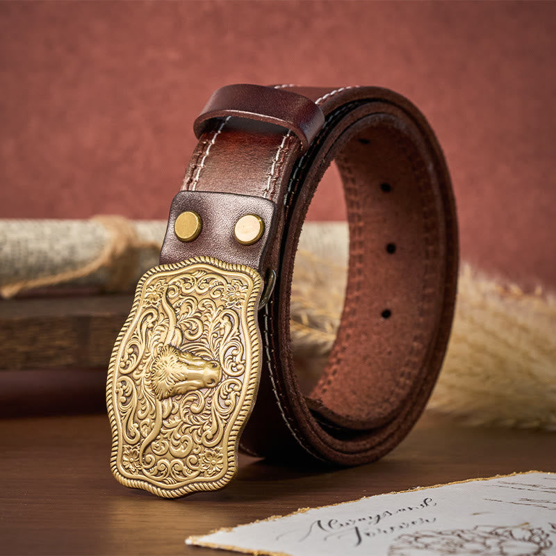 Ceinture en cuir gaufré style western pour homme avec boucle tête de taureau en cuivre - image 5