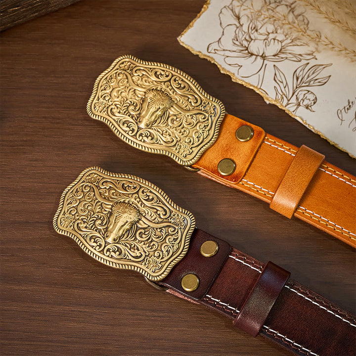 Ceinture en cuir gaufré style western pour homme avec boucle tête de taureau en cuivre - image 7