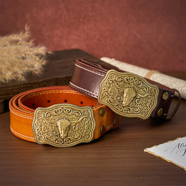 Ceinture en cuir gaufré style western pour homme avec boucle tête de taureau en cuivre - image 0