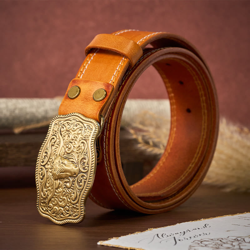 Ceinture en cuir gaufré style western pour homme avec boucle tête de taureau en cuivre - image 2