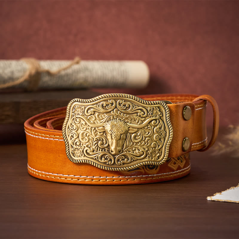 Ceinture en cuir gaufré style western pour homme avec boucle tête de taureau en cuivre - Jaune - 44 - image 1