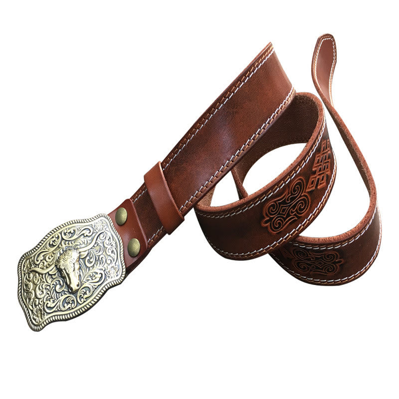 Ceinture en cuir gaufré style western pour homme avec boucle tête de taureau en cuivre - Brun - 44 - image 8