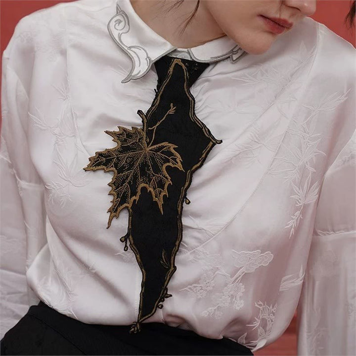 Cravate à fermeture éclair brodée de feuilles d'érable noires pour femme - image 2