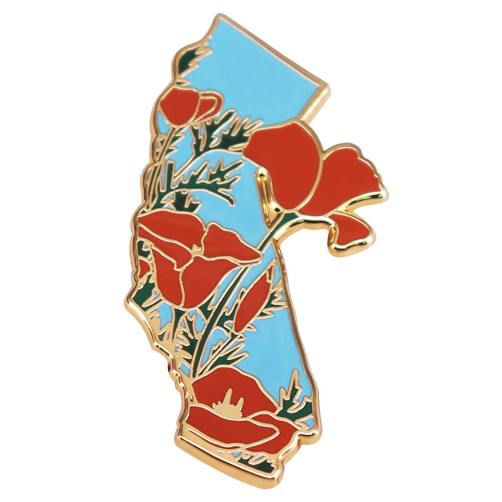 Broche émaillée dorée représentant le pavot de Californie - Rouge et bleu - image 0