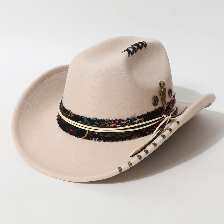Chapeau de cowboy style western à bordure effilochée et orné de plumes - Beige - M (22"-22 7/8") - image 0