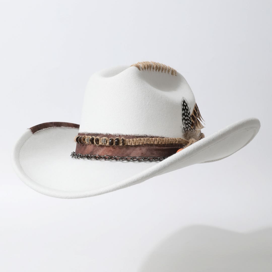 Chapeau de cowboy western orné de plumes et garni de chaînes en cuir et de plumes - Blanc - M (22"-22 7/8") - image 0