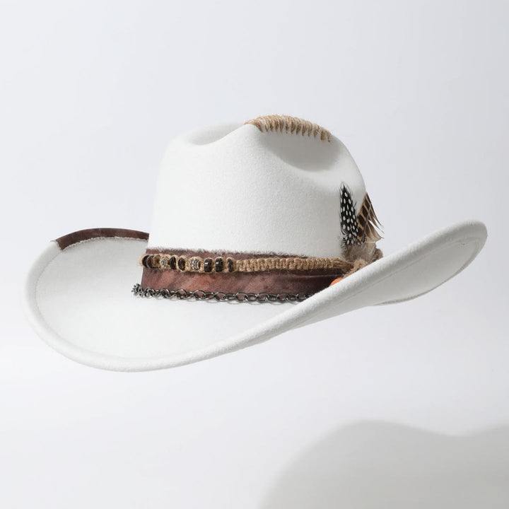 Chapeau de cowboy western orné de plumes et garni de chaînes en cuir et de plumes - Blanc - M (22"-22 7/8") - image 0