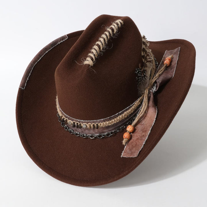 Chapeau de cowboy western orné de plumes et garni de chaînes en cuir et de plumes - Café - M (22"-22 7/8") - image 4