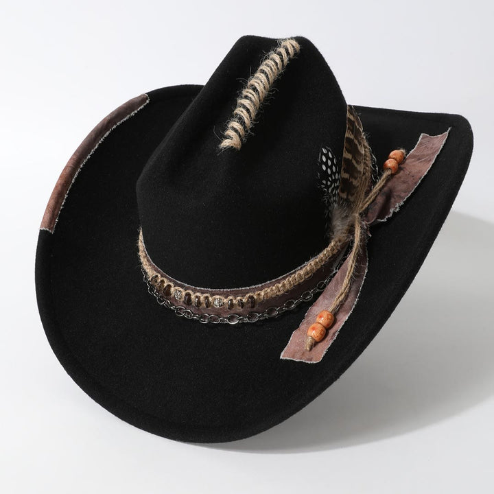 Chapeau de cowboy western orné de plumes et garni de chaînes en cuir et de plumes - image 3