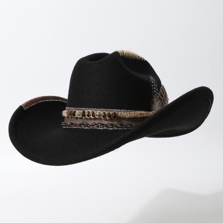 Chapeau de cowboy western orné de plumes et garni de chaînes en cuir et de plumes - Noir - M (22"-22 7/8") - image 2