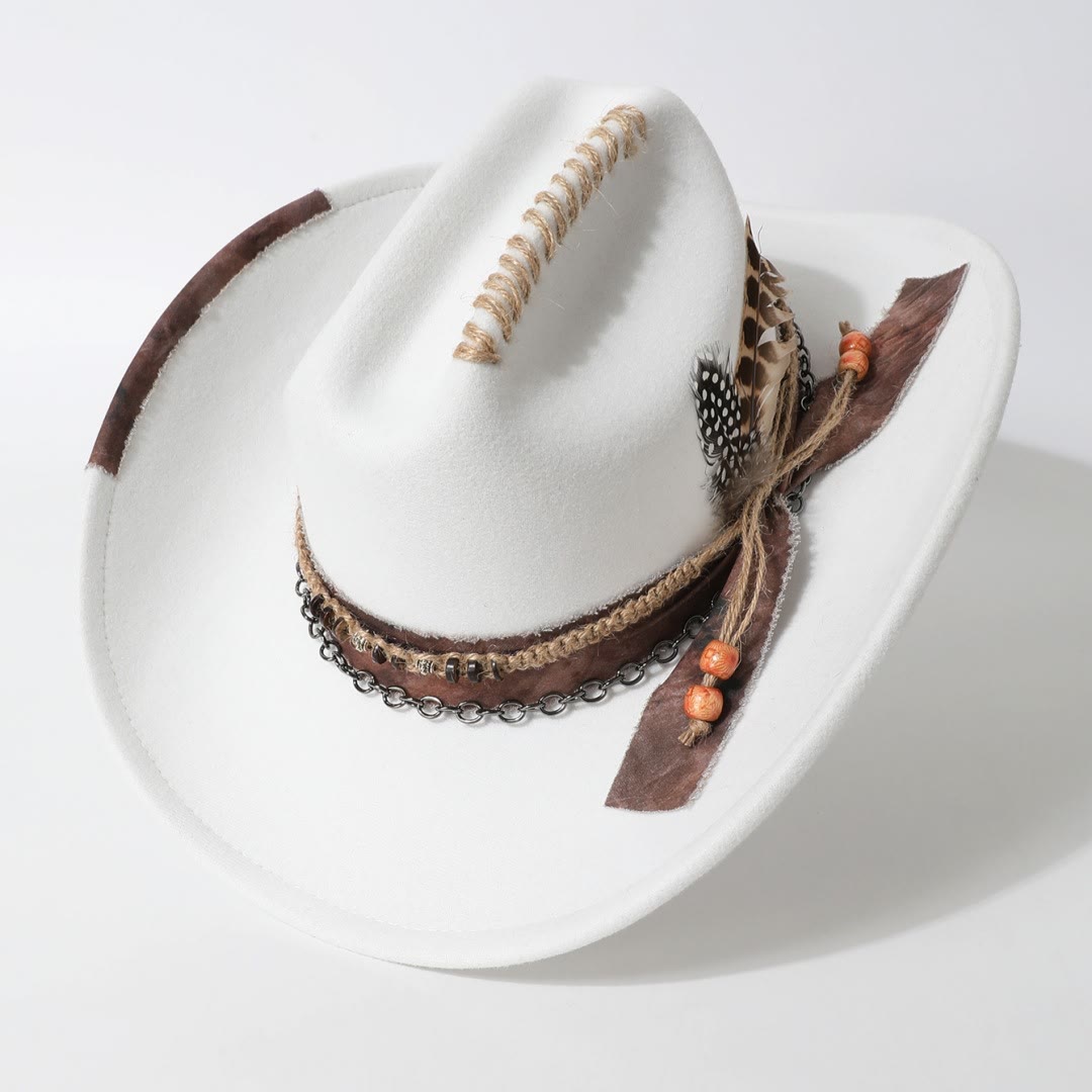 Chapeau de cowboy western orné de plumes et garni de chaînes en cuir et de plumes - image 1