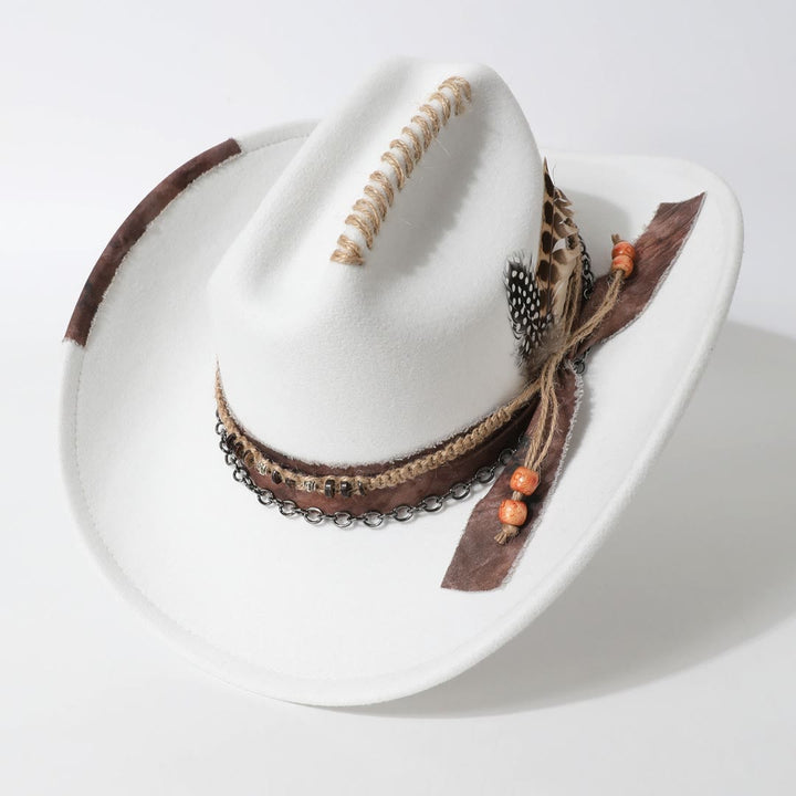 Chapeau de cowboy western orné de plumes et garni de chaînes en cuir et de plumes - image 1