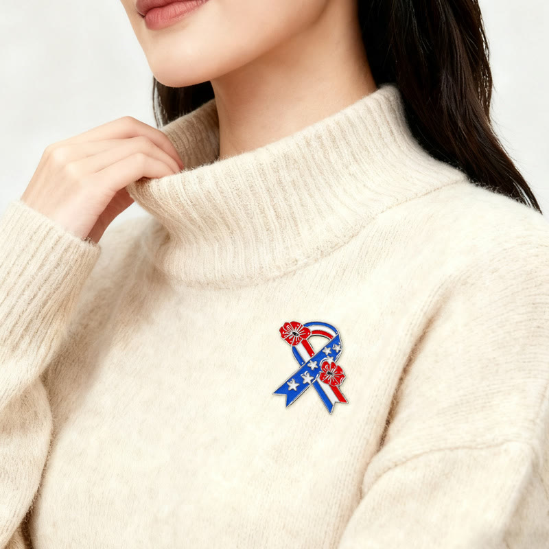 Broche émaillée avec ruban patriotique, drapeau américain et coquelicot - image 1