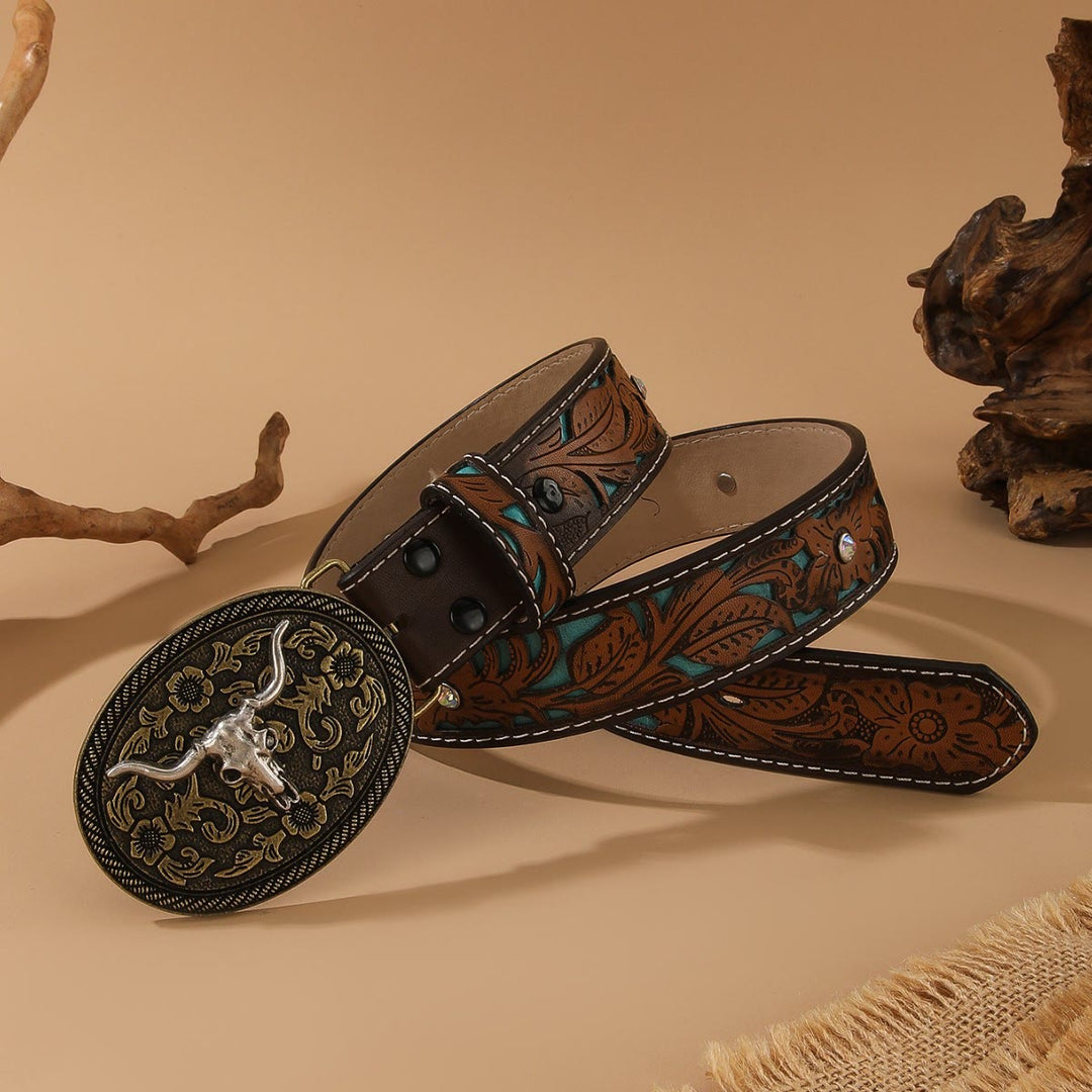 Ceinture style western avec tête de taureau dorée et boucle ovale argentée en relief - image 5