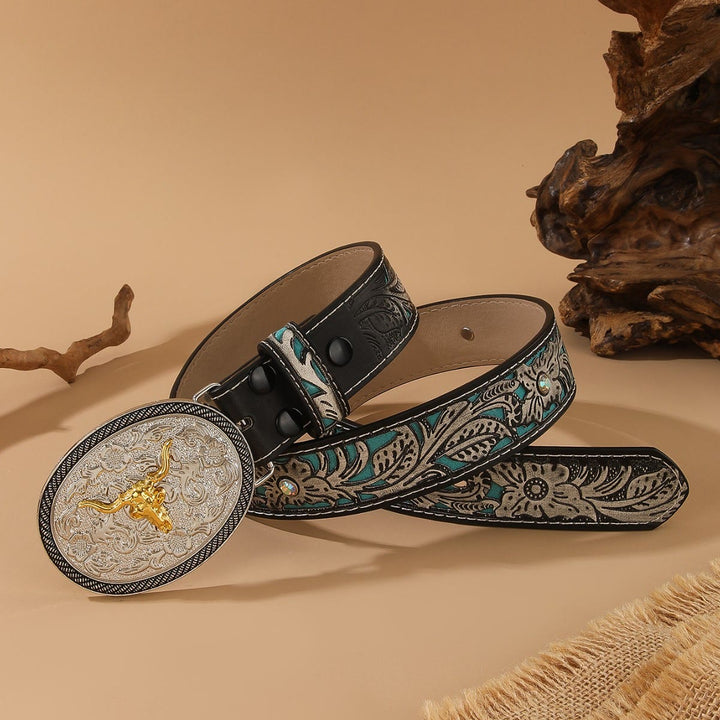 Ceinture style western avec tête de taureau dorée et boucle ovale argentée en relief - image 2
