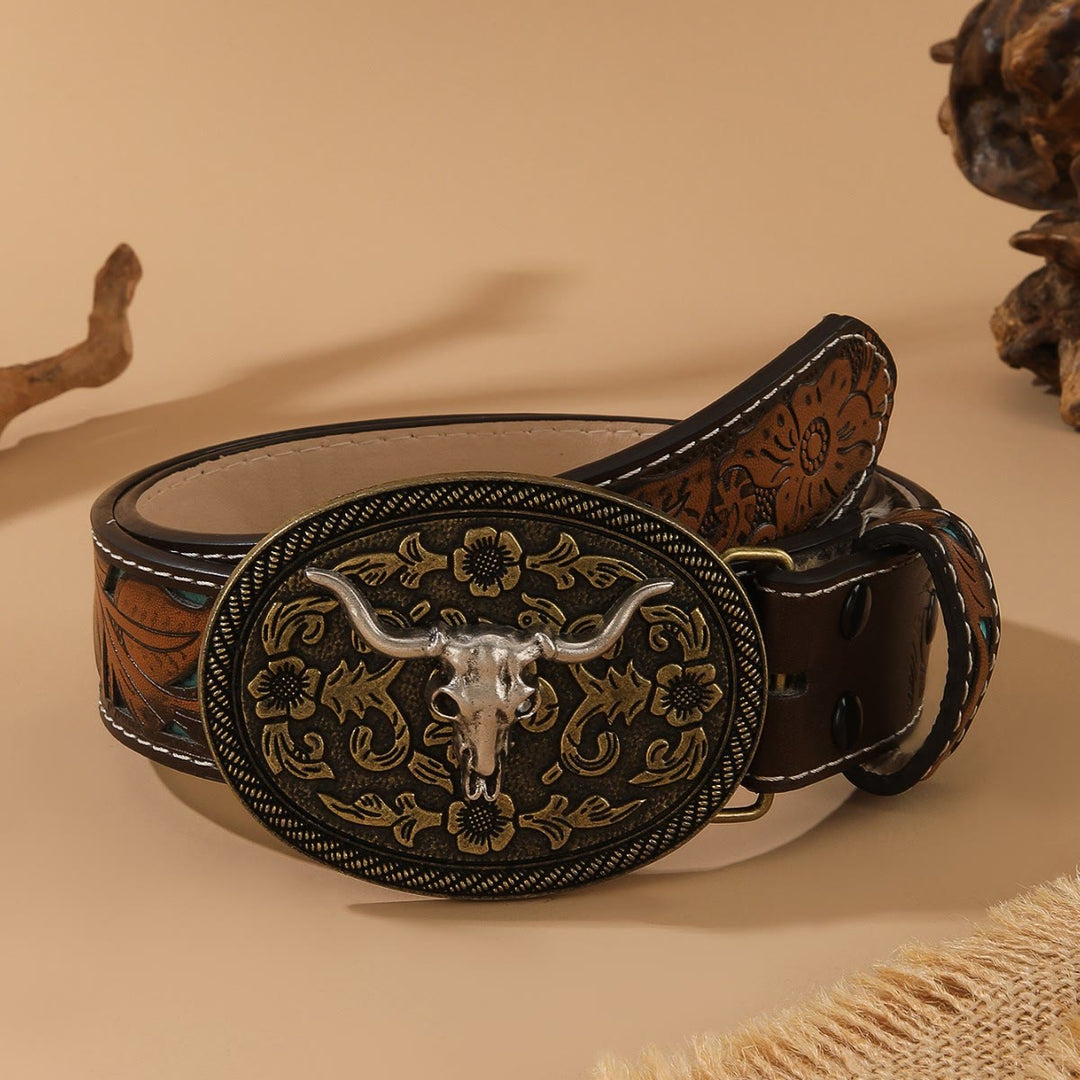 Ceinture style western avec tête de taureau dorée et boucle ovale argentée en relief - Argent - 44 - image 3
