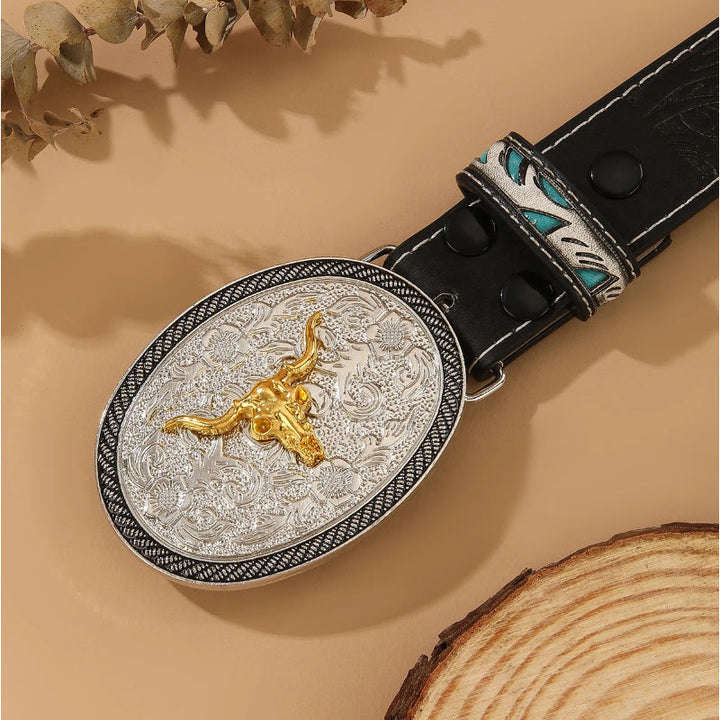 Ceinture style western avec tête de taureau dorée et boucle ovale argentée en relief - image 1
