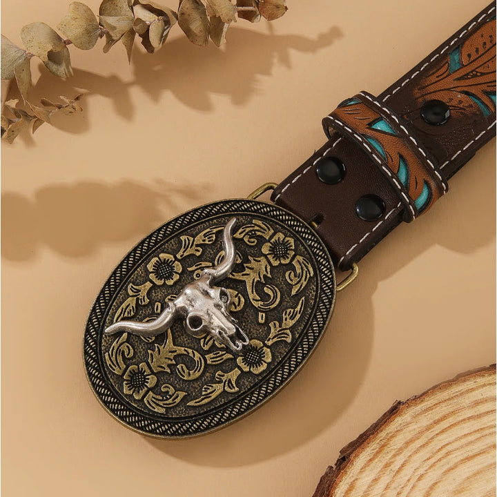 Ceinture style western avec tête de taureau dorée et boucle ovale argentée en relief - image 4
