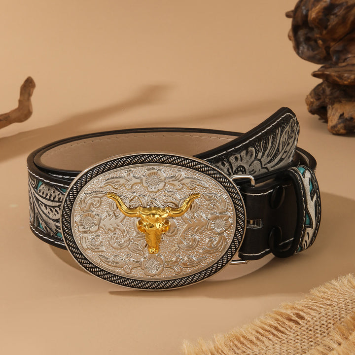 Ceinture style western avec tête de taureau dorée et boucle ovale argentée en relief - Doré - 44 - image 0