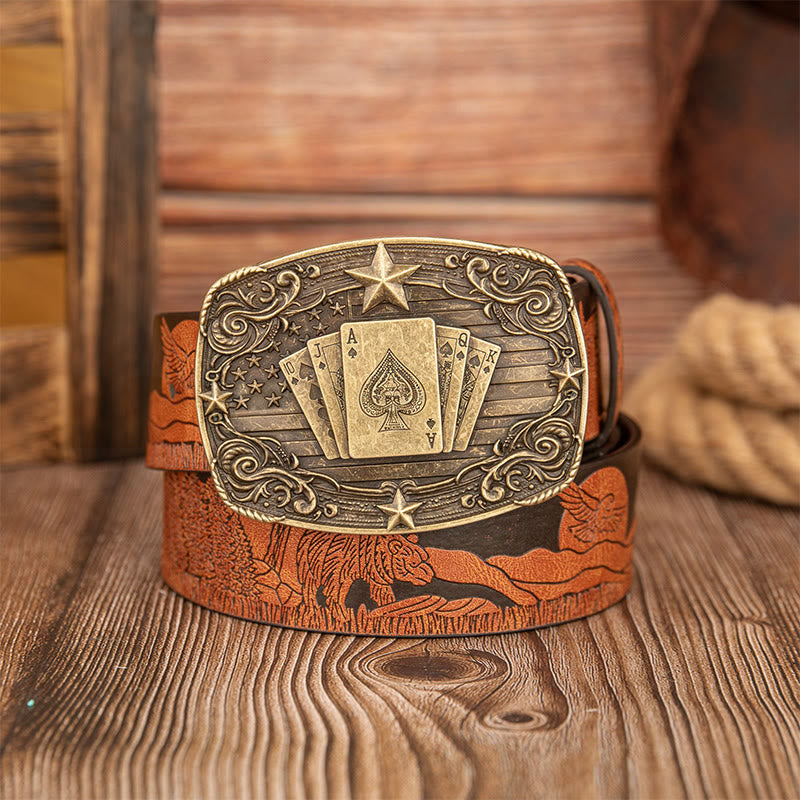 Ceinture en cuir imprimée ours et cerfs avec boucle de poker vintage - Chameau - 40 - image 4