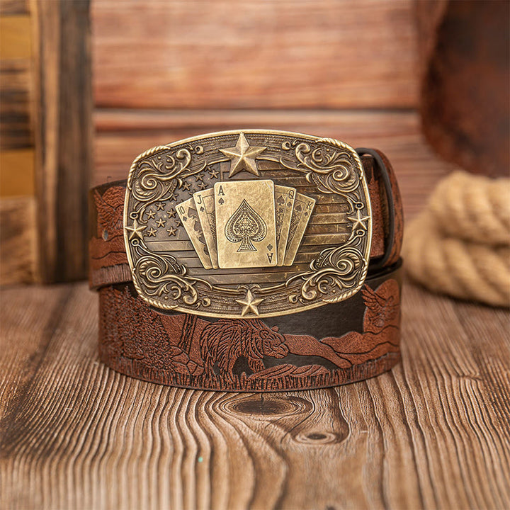 Ceinture en cuir imprimée ours et cerfs avec boucle de poker vintage - Brun - 40 - image 0
