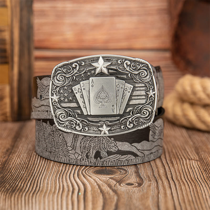 Ceinture en cuir imprimée ours et cerfs avec boucle de poker vintage - Gris - 40 - image 2