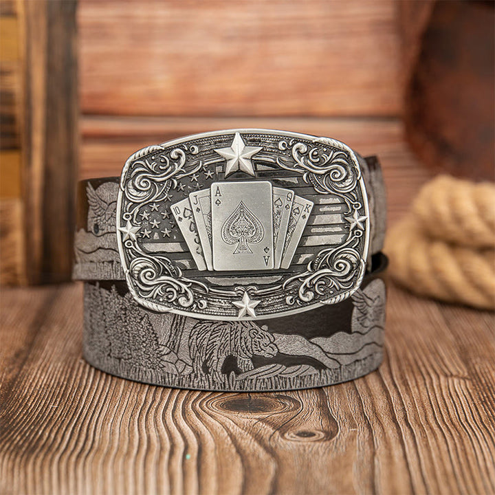 Ceinture en cuir imprimée ours et cerfs avec boucle de poker vintage - Gris - 40 - image 2